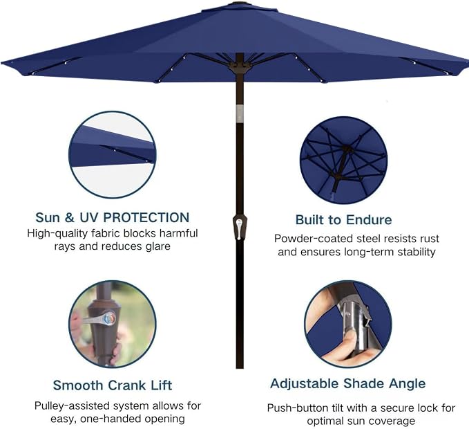 9' Solar LED Patio Umbrella with Tilt & Crank|8 Sturdy Ribs,UV Protection,Outdoor Market Table Umbrella for Deck,Lawn,Pool,Backyard(Navy)