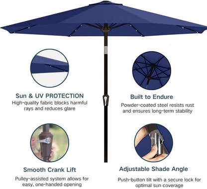 9' Solar LED Patio Umbrella with Tilt & Crank|8 Sturdy Ribs,UV Protection,Outdoor Market Table Umbrella for Deck,Lawn,Pool,Backyard(Navy)