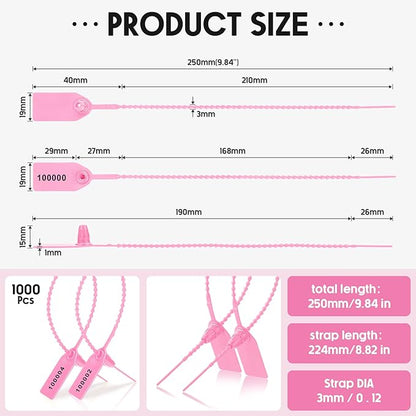 1000 Pcs Plastic Tamper Seals Fire Extinguisher Tags Security Tags Seals Safety Numbered Zip Ties Labels Safety Disposable Self Locking Signage 250 mm Length (Pink)