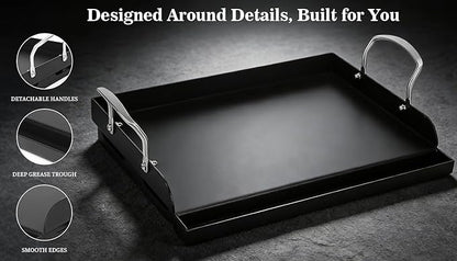 QuliMetal 17" x 13" Cast Iron Grill Griddle Kit, Pre-Seasoned Flat Top Griddle Plate with Scratch-Safe Tools, Universal Outdoor Griddle for Gas and Charcoal Grills, Camping, BBQ and Tailgating