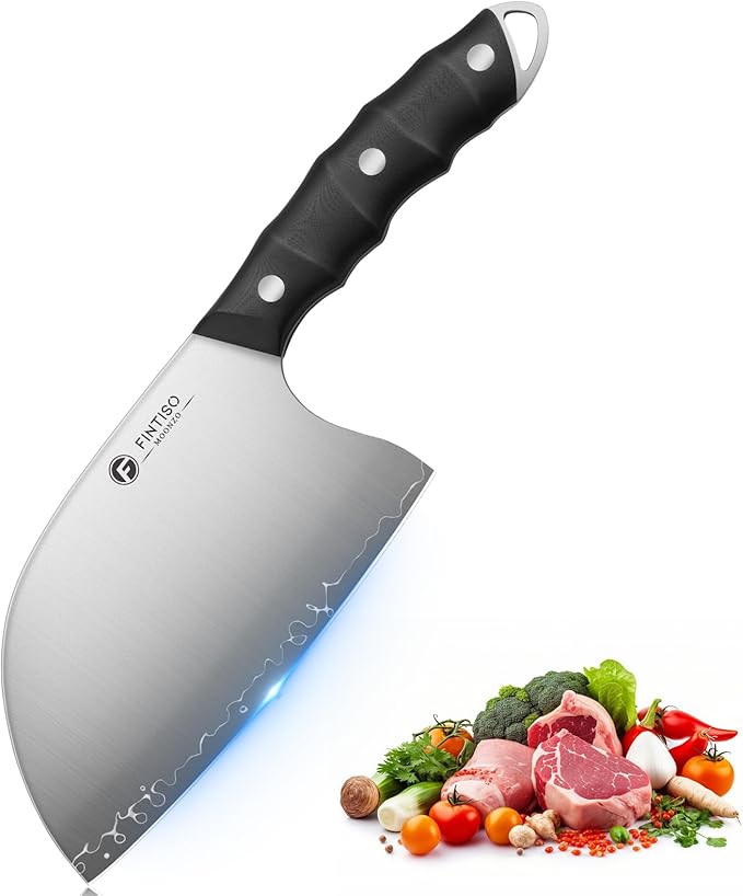 FINTISO Serbian Chef Knife, 6.5 Inch Hand Forged Meat Cleaver Knife with 5-Layer High Carbon Stainless Steel, Full Tang Outdoor-Proof G10 Handle, Ideal for Kitchen, Camping & BBQ Cooking