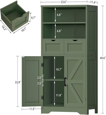 Bathroom Cabinet with Adjustable Shelf & 2 Drawers, Farmhouse Storage Cabinet with 2 Doors, Kitchen Storage Cabinets for Living Room, Entryway, Home Office, Forest Green