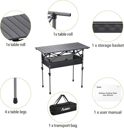 Anbte 3ft Aluminum Roll Top Camping Table, 2 Adjustable Height Camping Table Folding with Storage Net & Bag Lightweight Roll Up Table for Tailgate Outdoor Backyard BBQ Patio Picnic, 32.2” X 16”, Black