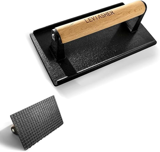 2.1lb Steak Weight & Burger Press, Grid Base, 7"X4" Rectangle Heavy Duty Cast Iron Grill Press with Wood Handle for Blackstone, Chef, Camp, Panini, Vegetable, Bacon, Sandwich, BBQ
