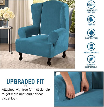 H.VERSAILTEX Wingback Chair Covers Velvet Plush Wing Chair Slipcover 1 Piece High Stretch Wing Back Chair Slipcovers Sofa Cover Furniture Cover with Elastic Bottom, Peacock Blue