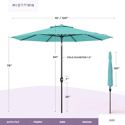 Midtown Umbrellas – The Lean 10 Ft Patio Umbrella with 10-Year-No-Fade Acrylast Acrylic Fabric, Auto-Tilt and 8 Reinforced Ribs for Deck, Pool, Garden, Hotel & Cafes – Azure Canopy, Black Pole