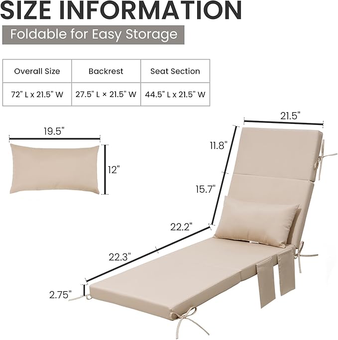 Crestlive Products Foldable Outdoor Chaise Lounge Cushions with Head Pillow and Side Pockets, Water Resistant & Fade Resistant Lounge Chair Cushion, 72" L x 21" W, Beige