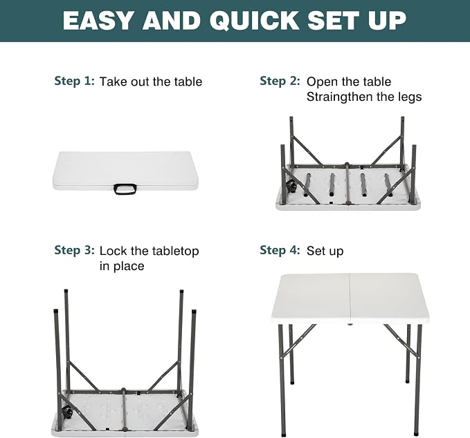 FDW | 34" Folding Table | White | Portable Plastic Table | with Carry Handle | Waterproof & Foldable Table Design | Steel Frame with Lock | for Events, Camping, Indoor & Outdoor Use