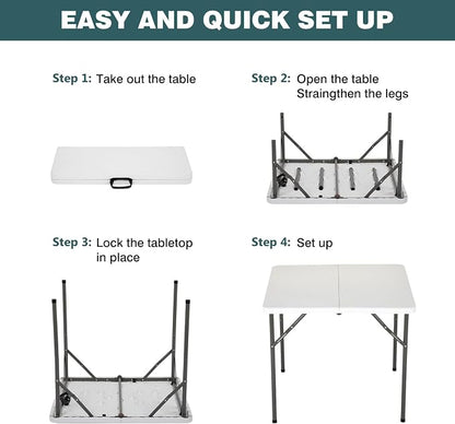 FDW | 34" Folding Table | White | Portable Plastic Table | with Carry Handle | Waterproof & Foldable Table Design | Steel Frame with Lock | for Events, Camping, Indoor & Outdoor Use