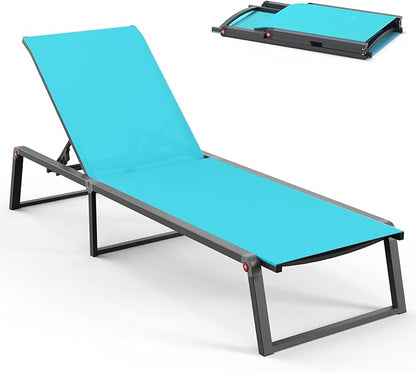 Aluminum Chaise Lounge Chair Outdoor, Foldable& No Assembly Patio Pool Lounge Chairs 5-Position Recliner for Outside, Fully Grounded Legs Sun Lounger for Poolside, Lake Blue