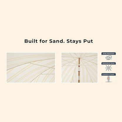 6FT Striped Fringe Beach Umbrella, Sand Anchor, UPF 50+ Sun Shade | Adjustable Tilt & Portable Design, Coastal Umbrella for Beach & Patio, Heritage Mimosa Stripe