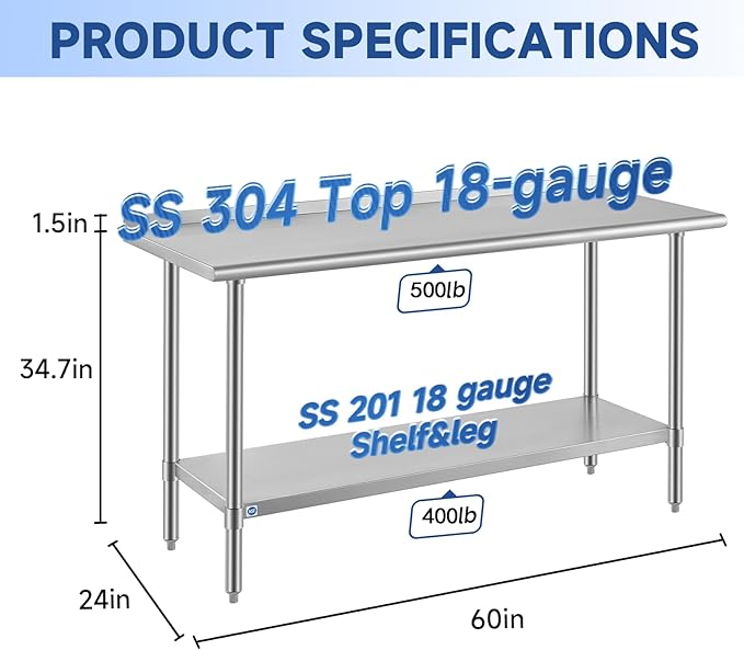 ROCKPOINT SS304 Top All Stainless Steel Table for Prep & Work with Backsplash 24x60 Inches, NSF Commercial Kitchen Heavy Duty Table with Adjustable Undershelf for Restaurant,Kitchen, Home and Hotel