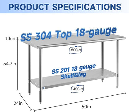ROCKPOINT SS304 Top All Stainless Steel Table for Prep & Work with Backsplash 24x60 Inches, NSF Commercial Kitchen Heavy Duty Table with Adjustable Undershelf for Restaurant,Kitchen, Home and Hotel