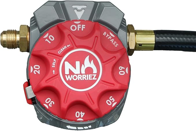NO WORRIEZ Bypass Propane & Natural Gas Timer, 3/8" Flare, Fixed Hose | Safety Auto Shut Off, 80,000 BTU, Fits Outdoor Grill, Fire Pit, Pizza Oven, BBQ, Smoker, Turkey Fryer, Mechanical Valve