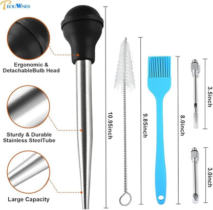 Stainless Steel Turkey Baster with Cleaning Brush & Needle, Black Meat Injector Set for Home Baking Kitchen Tool Cooking, Flavor Meat Poultry, Beef, Chicken