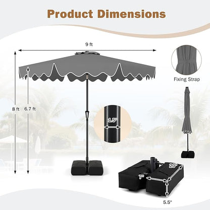 Tangkula 9 FT Patio Umbrella with Base Included, 2-Tiers Outdoor Scalloped Table Umbrella with 2 Sandbags, Tilt Adjustment, Crank, 8 Ribs for Market Backyard Pool Deck Beach Lawn