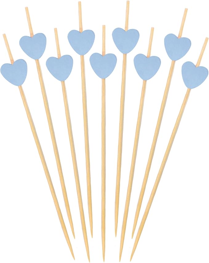 BambooMN 4.7 Inch Blue Heart Bamboo Food and Drink Pick Skewers for Catered Events, Holiday's, Restaurants or Buffets Party Supplies, 100 Pieces