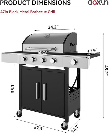Aoxun 4-Burner Propane Grill with Side Burner, 49000 BTU Gas Grill, Stainless Steel Outdoor Grill with Cast Iron Grates & Side Tables for Backyard, Patio, Camping，Black