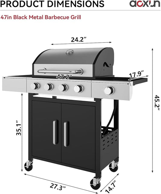 Aoxun 4-Burner Propane Grill with Side Burner, 49000 BTU Gas Grill, Stainless Steel Outdoor Grill with Cast Iron Grates & Side Tables for Backyard, Patio, Camping，Black