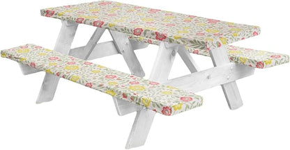 LINPRO Premium Picnic Table Cover with Bench Covers Vinyl Fitted Picnic Table Covers with Elastic RV Camping Accessories and Camper Must Haves Waterproof (Floral, 72 x 30 (6ft) with skewers
