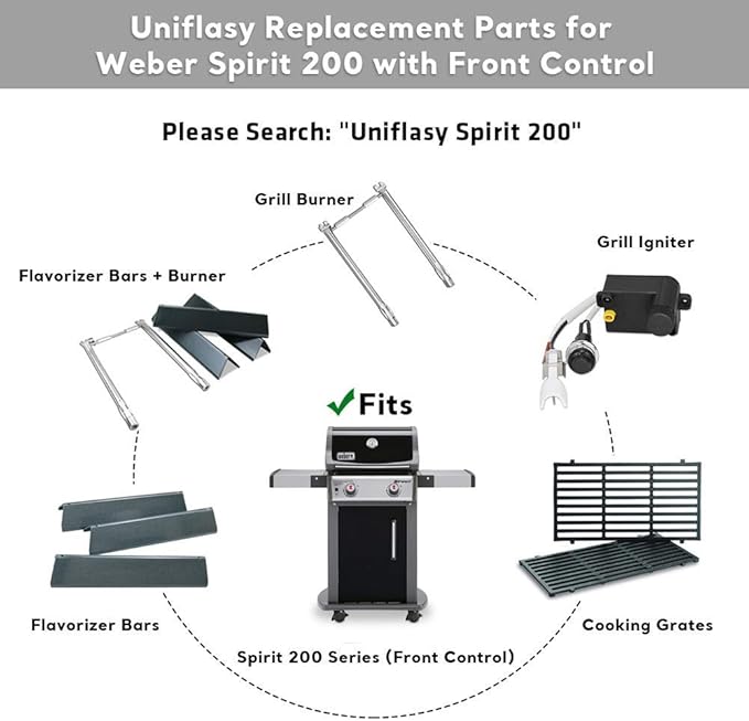 Uniflasy 7635 Flavorizer Bars and 69785 Grill Burner Tubes for Weber Spirit I & II 200 with Front Control, Spirit E210, E220, S210, S220, for Weber 15.3 Inch 7635 Flavor Bars and 69785 Burner Pipe
