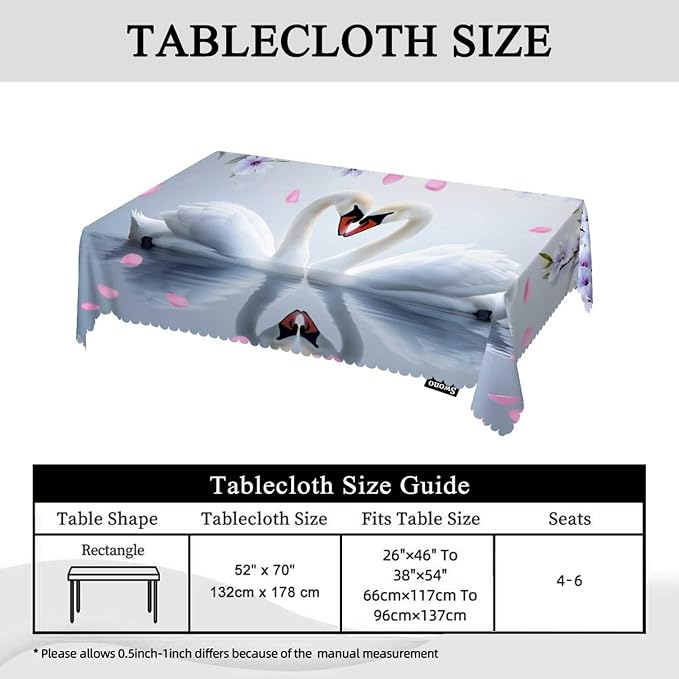 Swono Decorative Rectangle Table Cloth Swans, White Swans Love Heart Flowers Polyester Tablecloth Kitchen Table Cover for Dining BBQ Picnic Coffee Table 50x72, 4-6 Seats