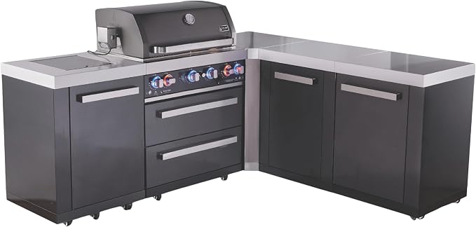 Mont Alpi 82"W x 75"D x 46"H Black Stainless Steel L-shaped Outdoor Kitchen Island with Side Burner + 44"W 6-Burner BBQ Grill + Granite Countertops + Storage + Chopping Board + Rotisserie Kit + Cover