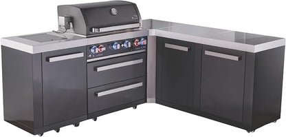 Mont Alpi 82"W x 75"D x 46"H Black Stainless Steel L-shaped Outdoor Kitchen Island with Side Burner + 44"W 6-Burner BBQ Grill + Granite Countertops + Storage + Chopping Board + Rotisserie Kit + Cover