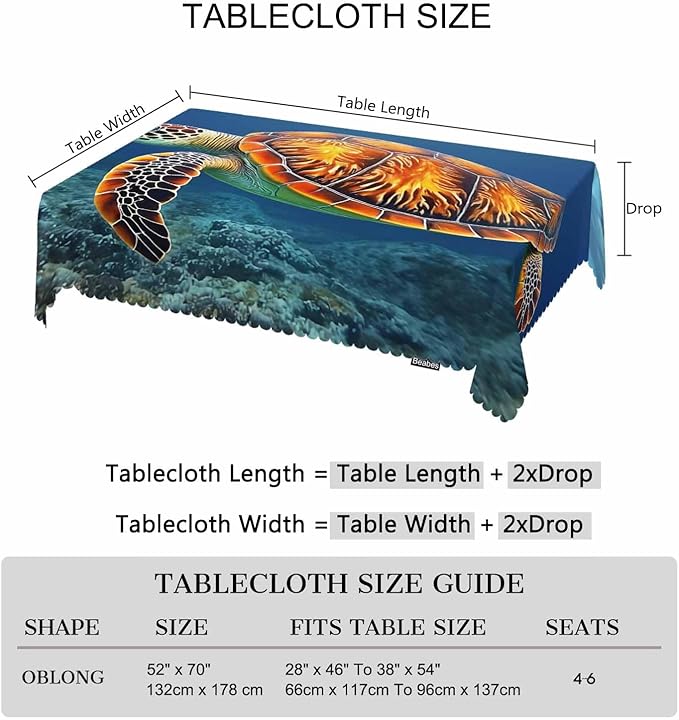 Sea Turtle Tablecloth for Rectangle Tables Ocean Marine Animal Sea Turtle Picnic Table Cover Indoor and Outdoor Table Cloth Camping Tablecloths for Dinner Kitchen 52"X70"