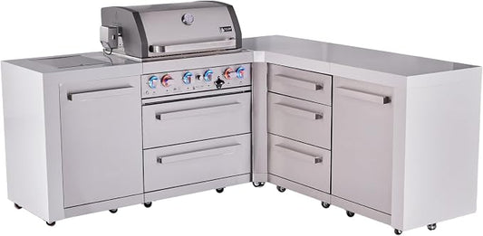 Mont Alpi Deluxe 82"W x 75"D x 46"H L-shaped Stainless Steel Outdoor Kitchen Island with Side Burner + 32"W 4-Burner BBQ Grill + Granite Countertops and Waterfall Sides + Storage + Rotisserie + Cover