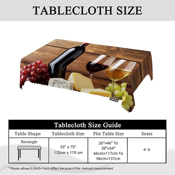 Swono Wine and Cheese Table Cloth Rectangle Tables Red Wine Bottle Glass Cheese Grapes On Wood Kitchen Table Cover Oblong 52"X70" Tablecloth for Dining Table Buffet Parties Patio and Camping