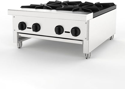 Commercial 4-Burner Stove, Natural Gas Propane-Ready Countertop Range, Stainless Steel Hot Plate, 112,000 BTU Restaurant Kitchen Cooktop, Independent Controls, Removable Drip Tray, Cast Iron Grates