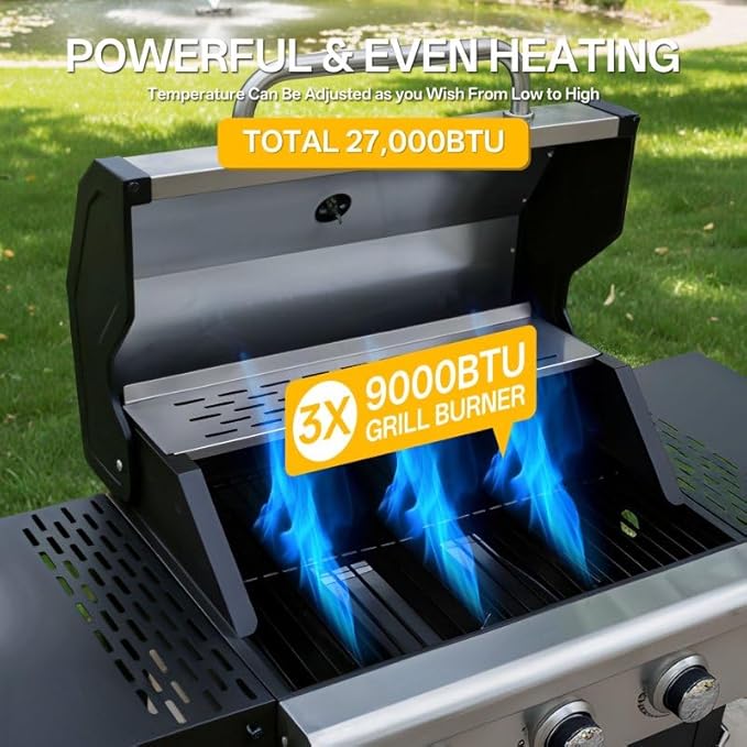 Endark 27,000 BTU 3-Burner BBQ Grill with Cover – Double-Layer Stainless Steel Lid, Cast Iron Cooking Grates, 2 Built-in Shelves & Side Wheels – For Outdoor Patio & Terrace Barbecue