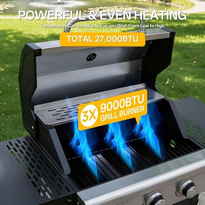 Endark 27,000 BTU 3-Burner BBQ Grill with Cover – Double-Layer Stainless Steel Lid, Cast Iron Cooking Grates, 2 Built-in Shelves & Side Wheels – For Outdoor Patio & Terrace Barbecue