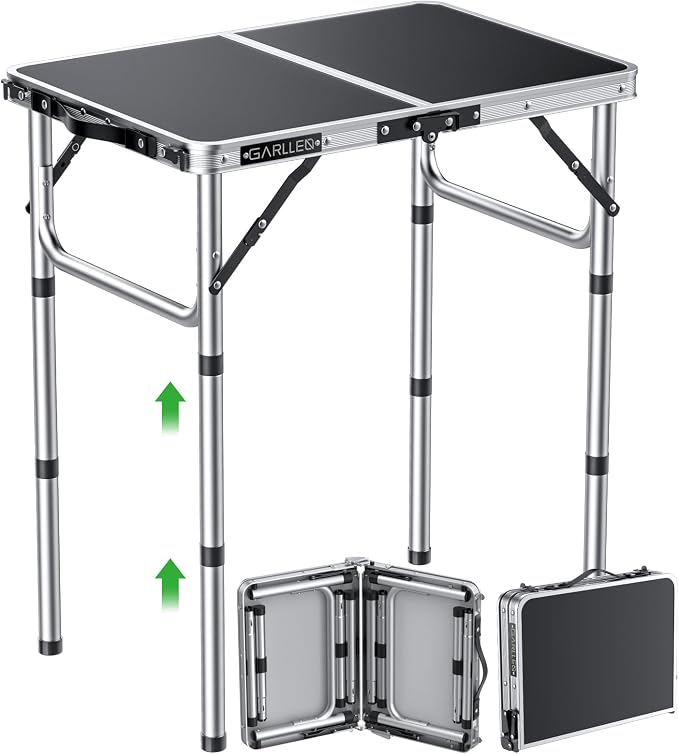 GARLLEN 2ft Folding Camping Table Max Capacity 66lbs, 3-Height Adjustable Picnic Table with MDF Tabletop, Lightweight Aluminum Folding Outdoor Tables for Grill, Travel, Picnic, 22.8" L x 15.7" W