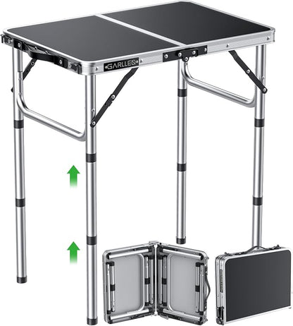 GARLLEN 2ft Folding Camping Table Max Capacity 66lbs, 3-Height Adjustable Picnic Table with MDF Tabletop, Lightweight Aluminum Folding Outdoor Tables for Grill, Travel, Picnic, 22.8" L x 15.7" W