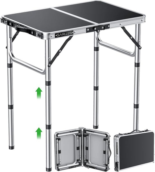 GARLLEN 2ft Folding Camping Table Max Capacity 66lbs, 3-Height Adjustable Picnic Table with MDF Tabletop, Lightweight Aluminum Folding Outdoor Tables for Grill, Travel, Picnic, 22.8" L x 15.7" W