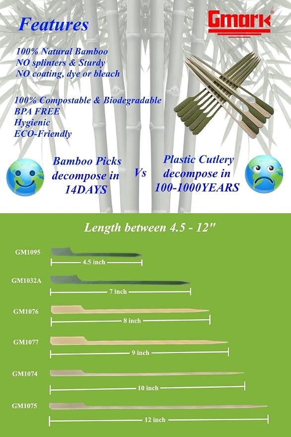 Gmark 100 Count Bamboo Paddle Skewers, 7 Inch Natural Flat Wooden BBQ Picks, Biodegradable Kabob Sticks for Grilling, Appetizers, Fruit, Meat & Shish Kebabs GM1032A