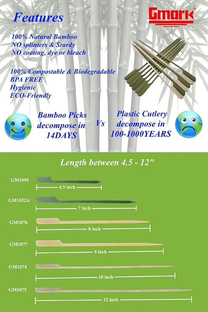 Gmark 100 Count Bamboo Paddle Skewers, 7 Inch Natural Flat Wooden BBQ Picks, Biodegradable Kabob Sticks for Grilling, Appetizers, Fruit, Meat & Shish Kebabs GM1032A
