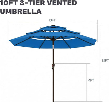 10ft 3 Tier Patio Umbrella, Outdoor Market Table Umbrella with UPF 50+ Vented Canopy, 8 Sturdy Ribs, Easy Push Button Tilt and Crank, Windproof for Deck, Pool, Backyard and Garden