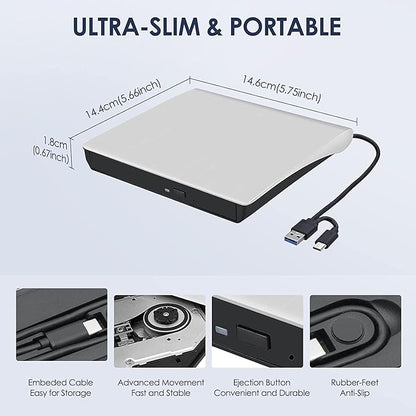 External CD/DVD Drive for Laptop, Type-C CD/DVD Player USB 3.0 Portable Burner Writer Reader Compatible with Mac MacBook Pro/Air iMac Desktop Windows 7/8/10/XP/Vista(White)