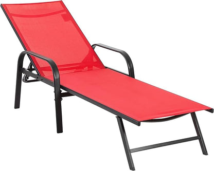 DUMOS Outdoor Lounge Chaise Set of 2 for Poolside Patio, 5-Position Chaise with Armrest, Sun Tanning Chair 350 lbs Heavy Duty Patio Pool Chair, Waterproof Lounge for Deck,Backyard, Beach, Red