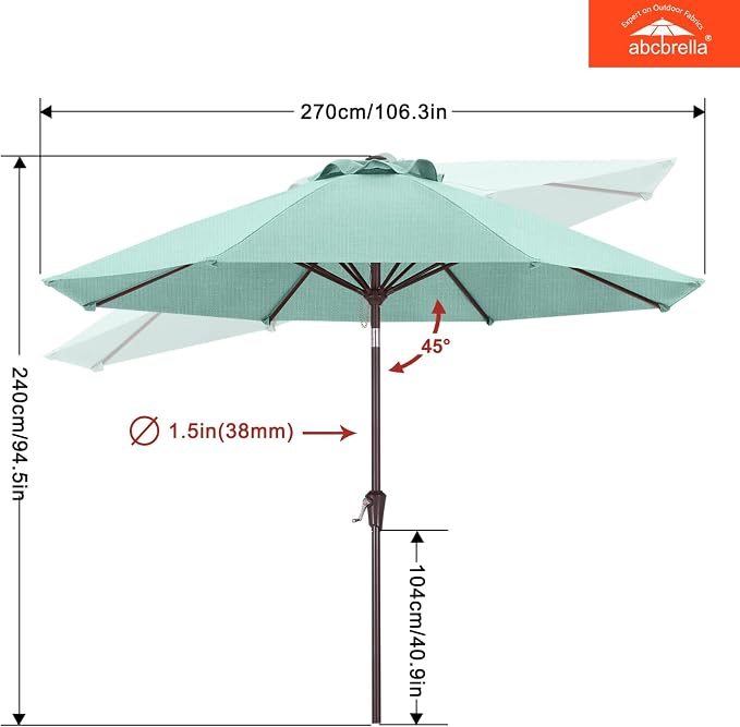 ABCCANOPY OLEFIN® 5-Year No Fading 9FT Outdoor Patio Umbrella(Light Blue) | Fade & UV Resistant Fabric,8 Fiberglass Ribs，Wind Vent，Crank Lift & Tilt,Outdoor Table Umbrella for Deck,Backyard,Yard