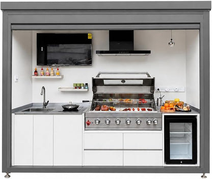 Sunnyjoy Modular Outdoor Kitchen MAX, Premium Aluminum Cabinet System-3 | MAX roll-up shade version with grill, sink & storage, durable weather-resistant design, includes roll-up set for protection