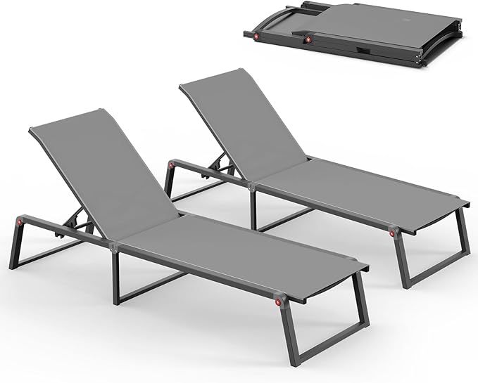 Aluminum Chaise Lounge Chair Outdoor, Foldable& No Assembly Patio Pool Lounge Chairs 5-Position Recliner for Outside, Fully Grounded Legs Sun Lounger for Poolside, Dark Grey, 2 Pack