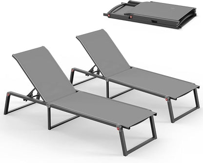 Aluminum Chaise Lounge Chair Outdoor, Foldable& No Assembly Patio Pool Lounge Chairs 5-Position Recliner for Outside, Fully Grounded Legs Sun Lounger for Poolside, Dark Grey, 2 Pack
