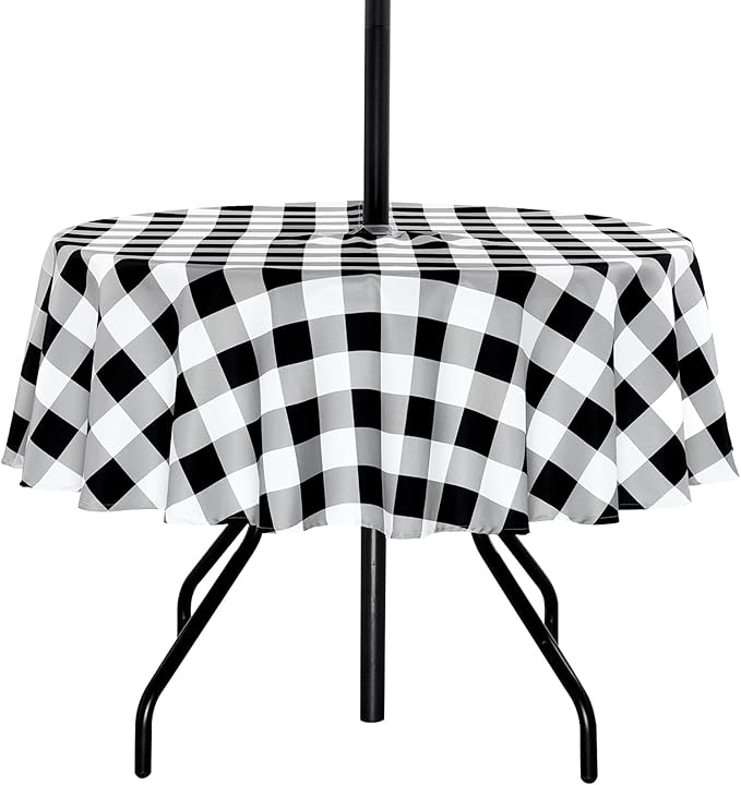 Poise3EHome Round Outdoor Tablecloth with Umbrella Hole and Zipper,Black and White Gingham 70 Inch,SpillProof Washable Table Cloth for Spring Summer Patio Garden Poolside Picnic Camping BBQS
