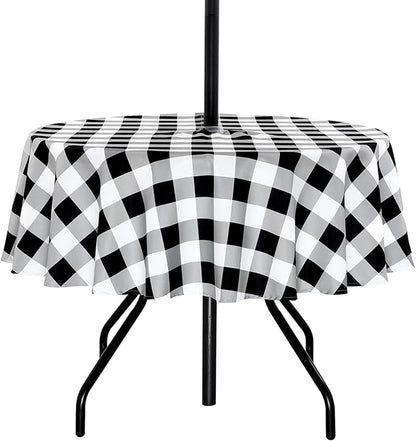 Poise3EHome Round Outdoor Tablecloth with Umbrella Hole and Zipper,Black and White Gingham 70 Inch,SpillProof Washable Table Cloth for Spring Summer Patio Garden Poolside Picnic Camping BBQS
