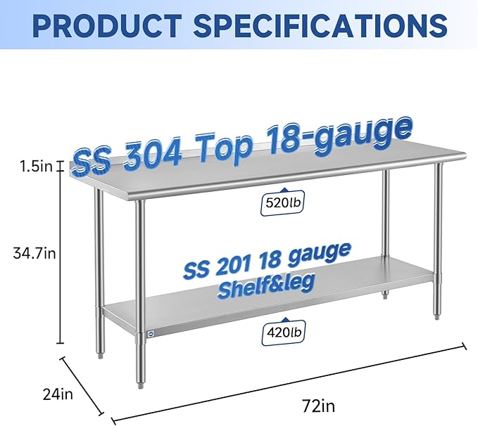 ROCKPOINT SS 304 Top All Stainless Steel Table for Prep & Work with Backsplash 24x72 Inches, NSF Commercial Kitchen Heavy Duty Table with Adjustable Undershelf for Restaurant,Kitchen, Home and Hotel