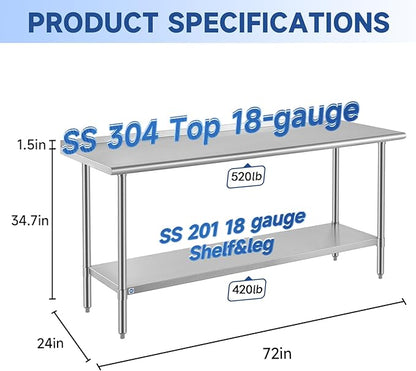ROCKPOINT SS 304 Top All Stainless Steel Table for Prep & Work with Backsplash 24x72 Inches, NSF Commercial Kitchen Heavy Duty Table with Adjustable Undershelf for Restaurant,Kitchen, Home and Hotel